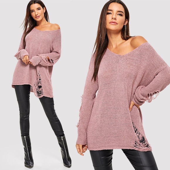 Distressed ripped sweater pink oversized - Picture 2 of 4